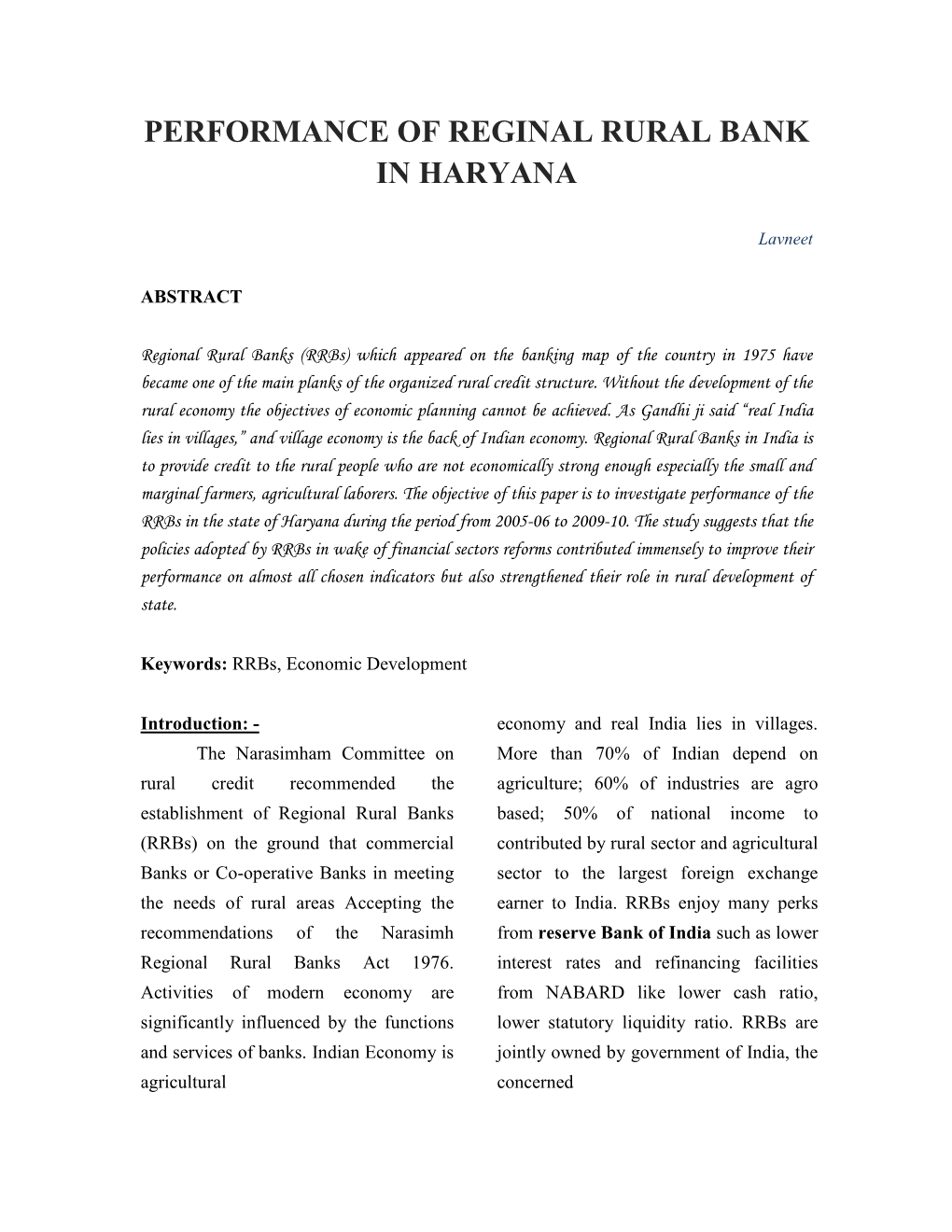 Performance of Regional Rural Bank in Haryana