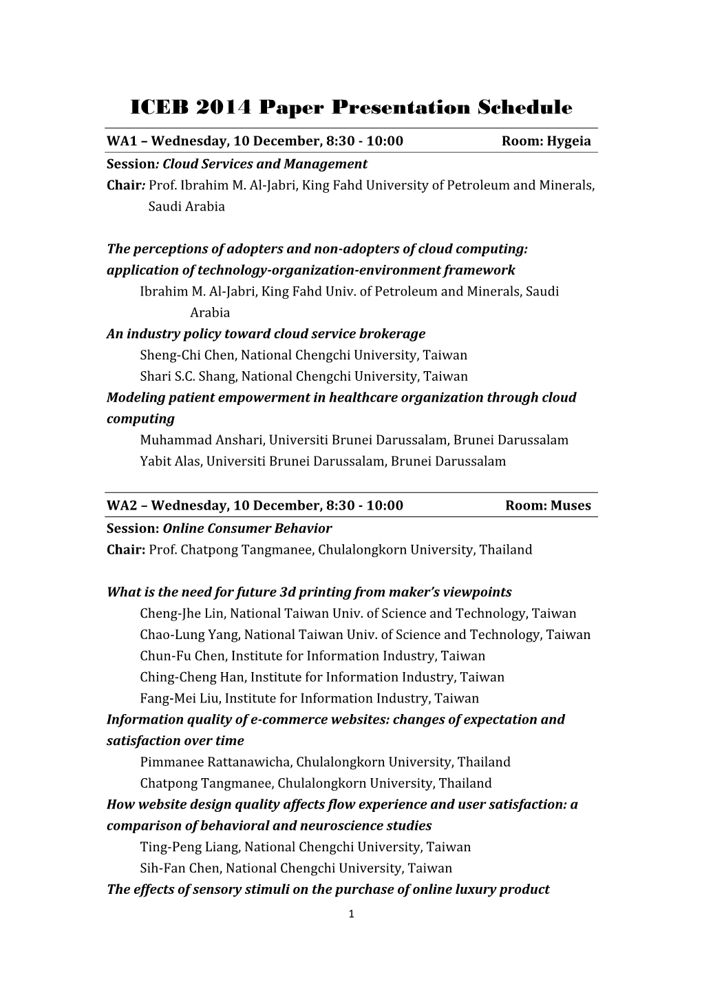 ICEB 2014 Paper Presentation Schedule