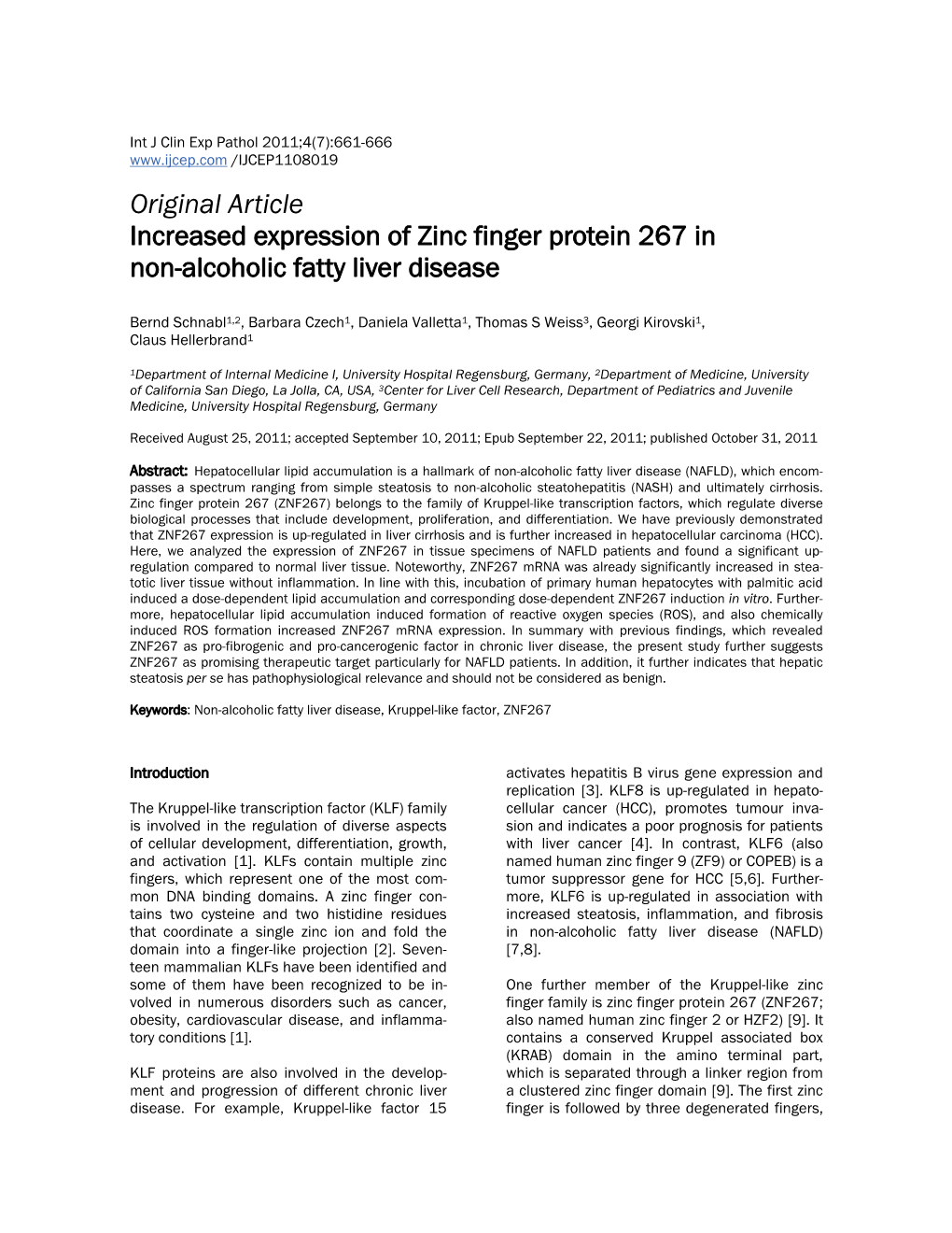 Original Article Increased Expression of Zinc Finger Protein 267 in Non-Alcoholic Fatty Liver Disease