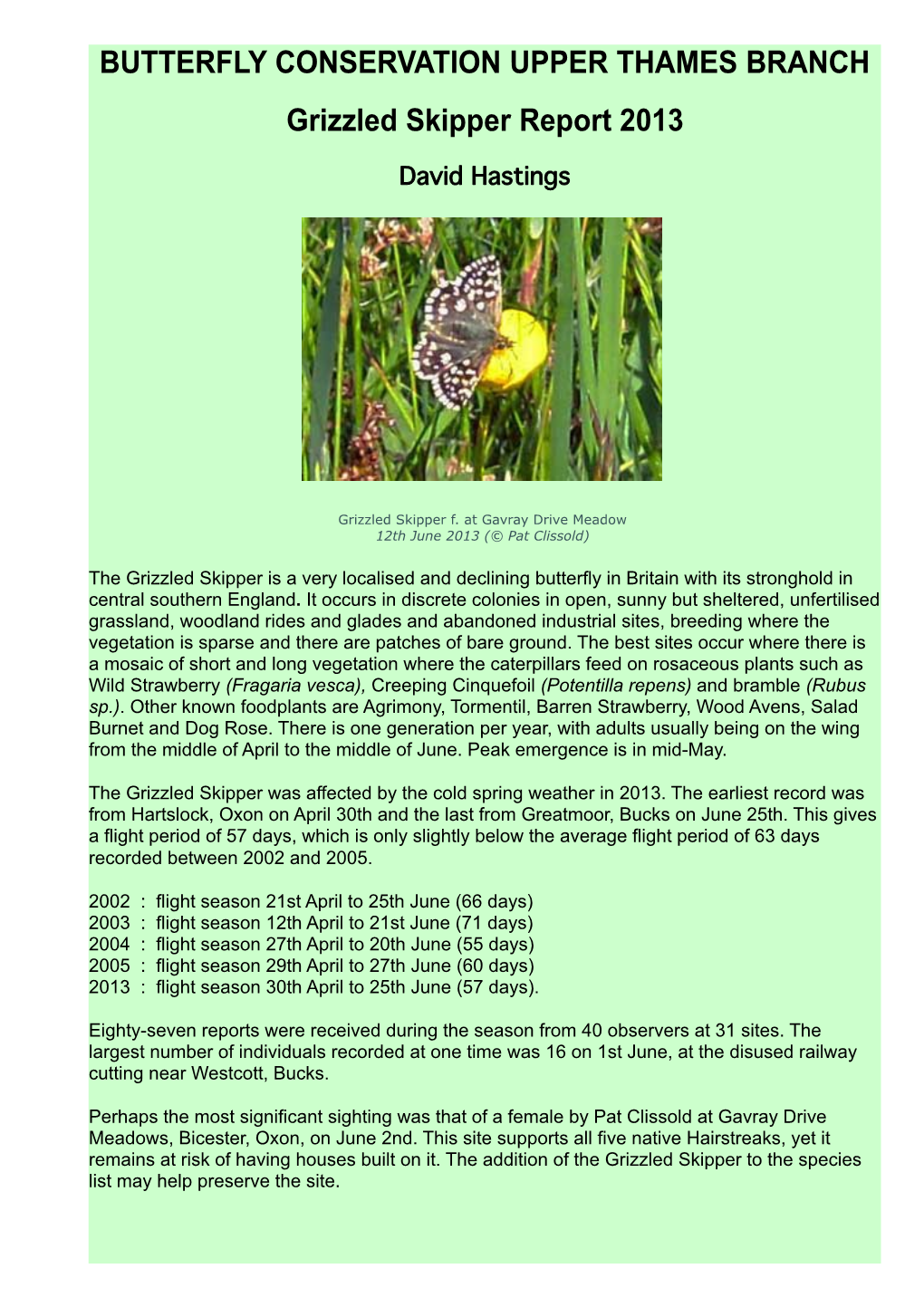 BUTTERFLY CONSERVATION UPPER THAMES BRANCH Grizzled Skipper Report 2013