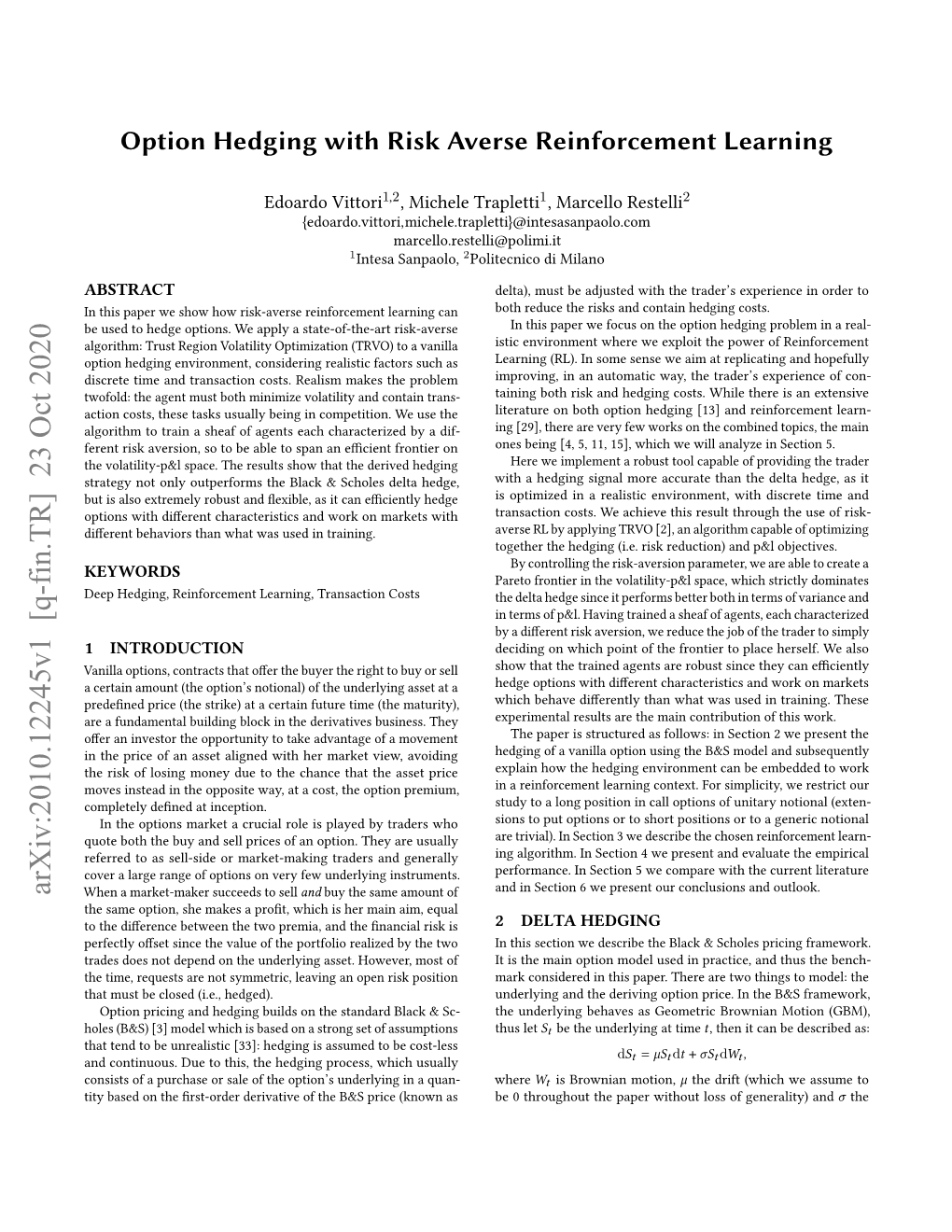 Option Hedging with Risk Averse Reinforcement Learning