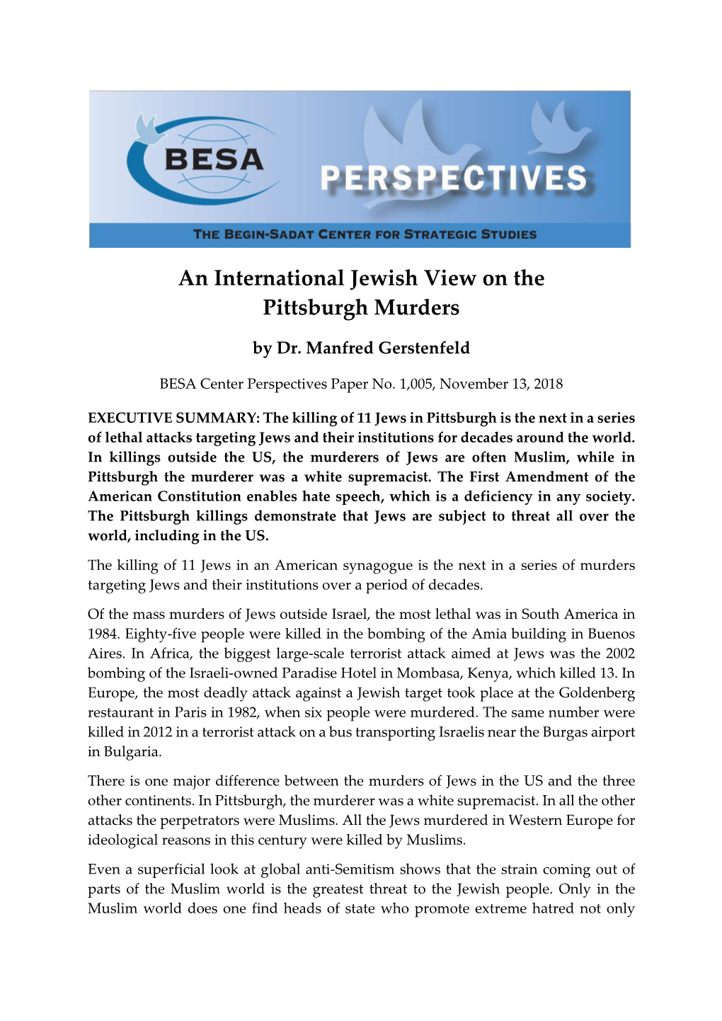 An International Jewish View on the Pittsburgh Murders