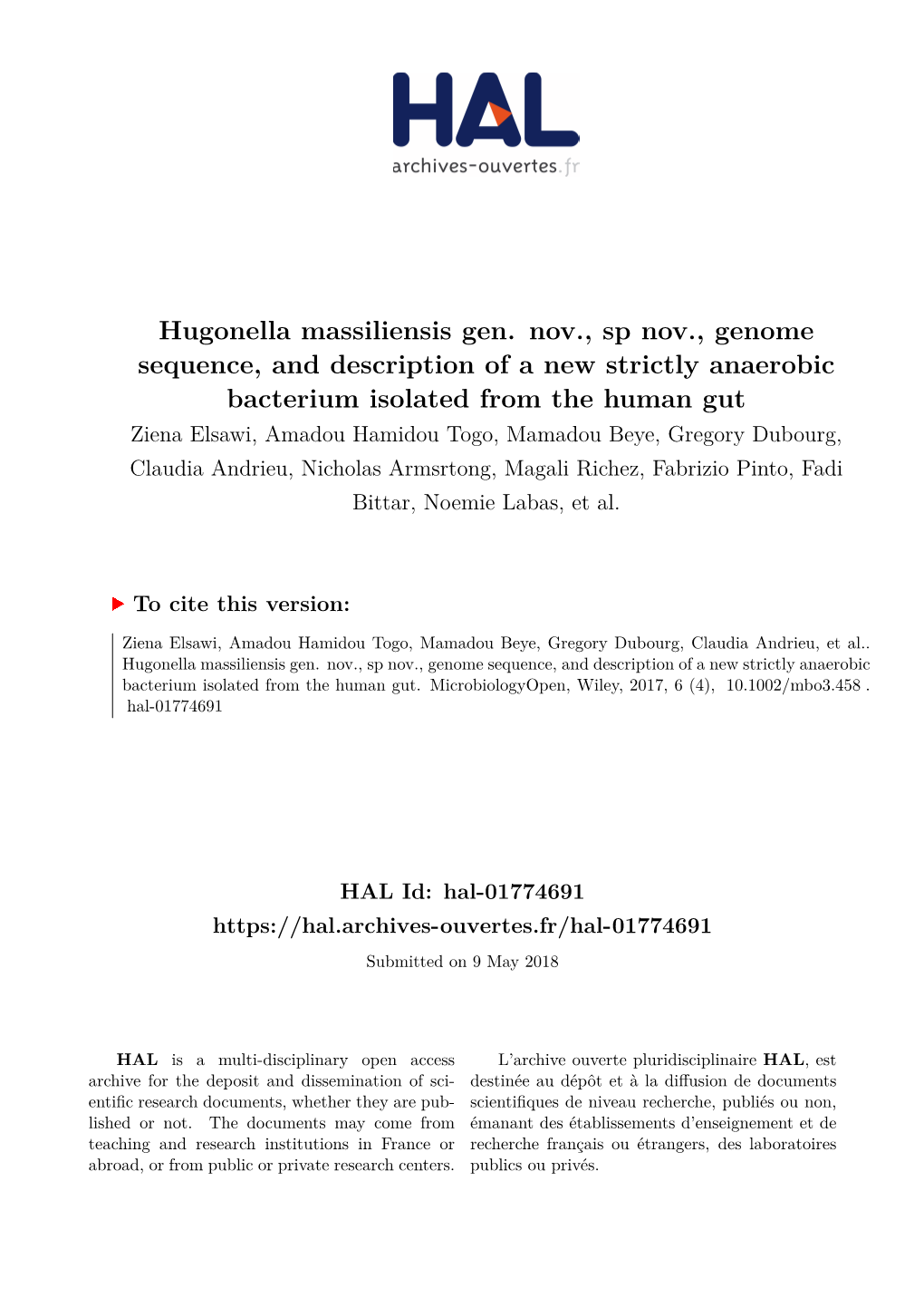 Hugonella Massiliensis Gen. Nov., Sp Nov., Genome Sequence, And