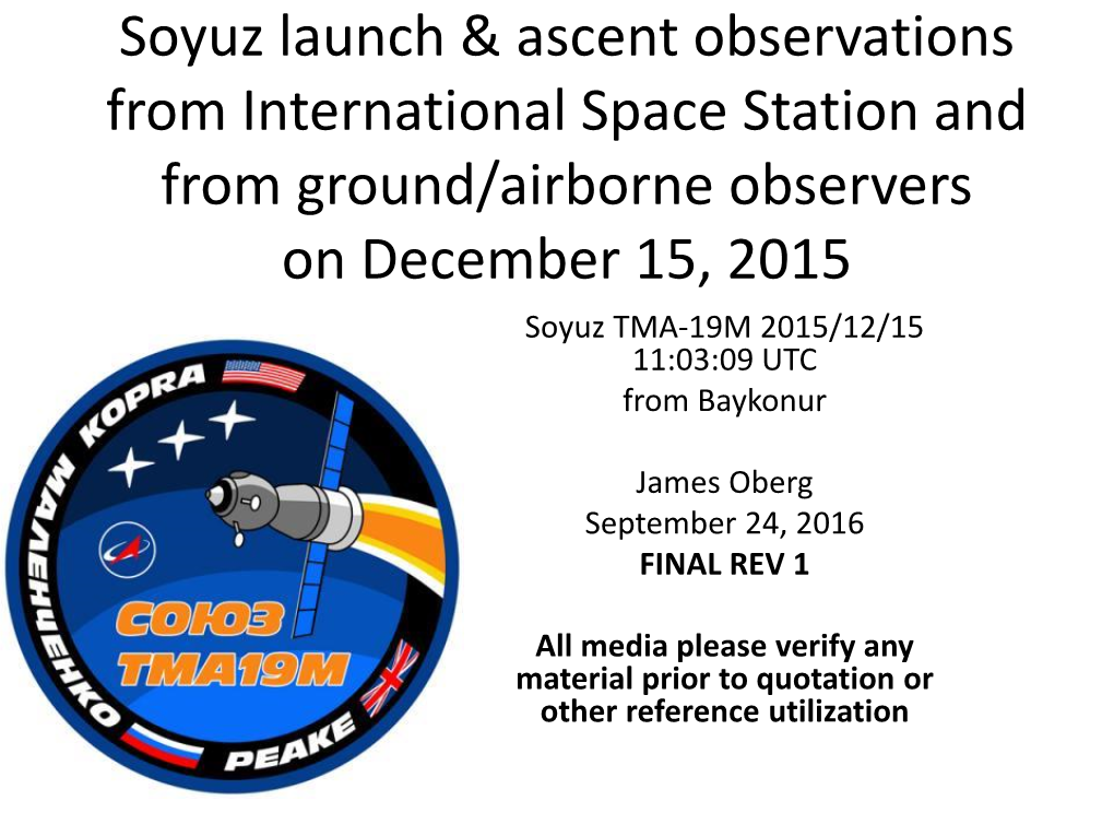 Soyuz Launch & Ascent Observations from International Space Station