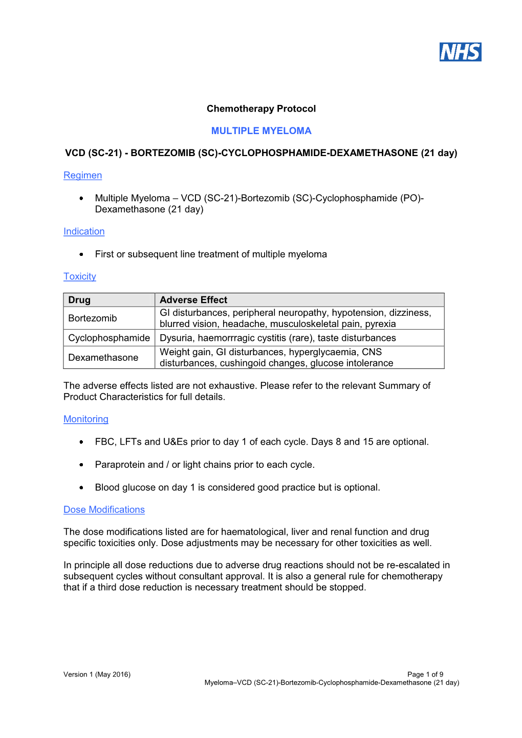 Chemotherapy Protocol MULTIPLE MYELOMA VCD (SC-21)