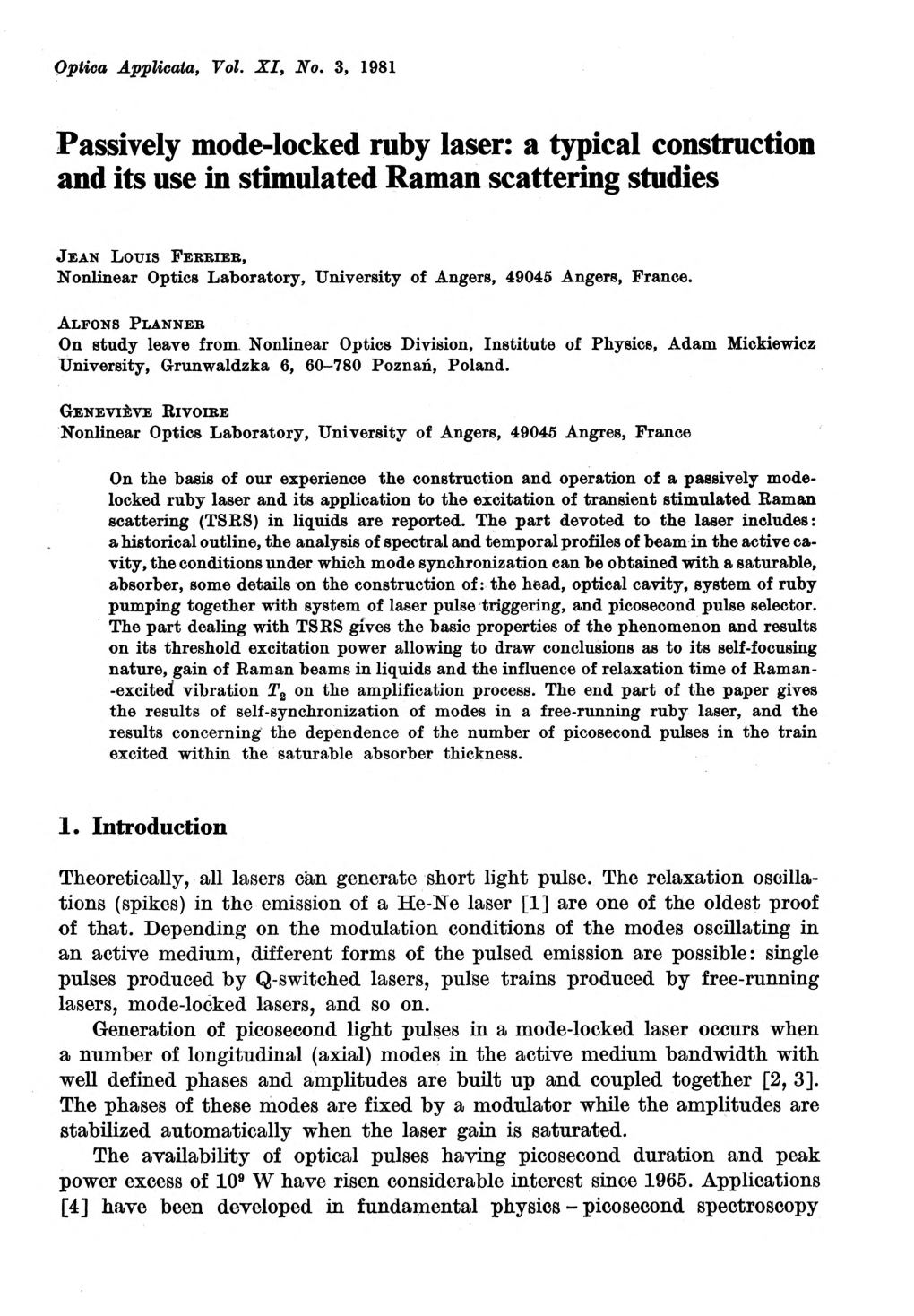 Passively Mode-Locked Ruby Laser: a Typical Construction and Its Use in Stimulated Raman Scattering Studies