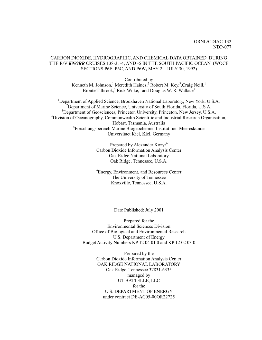 Ornl/Cdiac-132 Ndp-077 Carbon Dioxide, Hydrographic, and Chemical Data