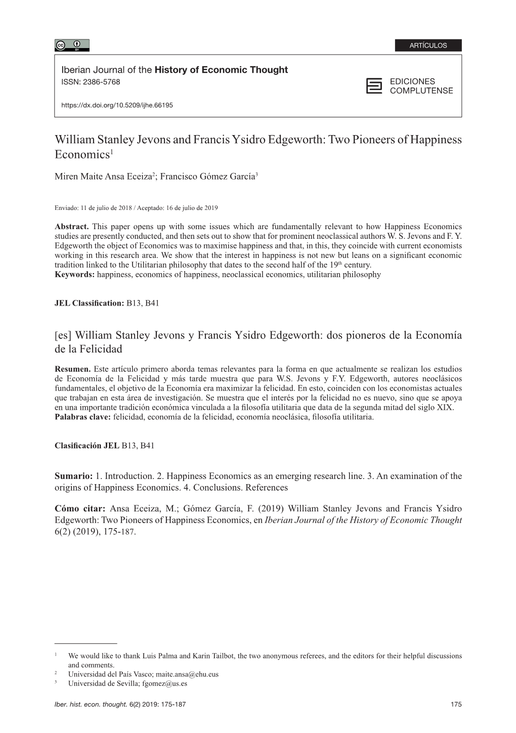 William Stanley Jevons and Francis Ysidro Edgeworth: Two Pioneers of Happiness Economics1