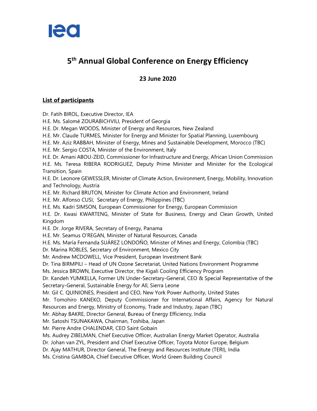 5Th Annual Global Conference on Energy Efficiency