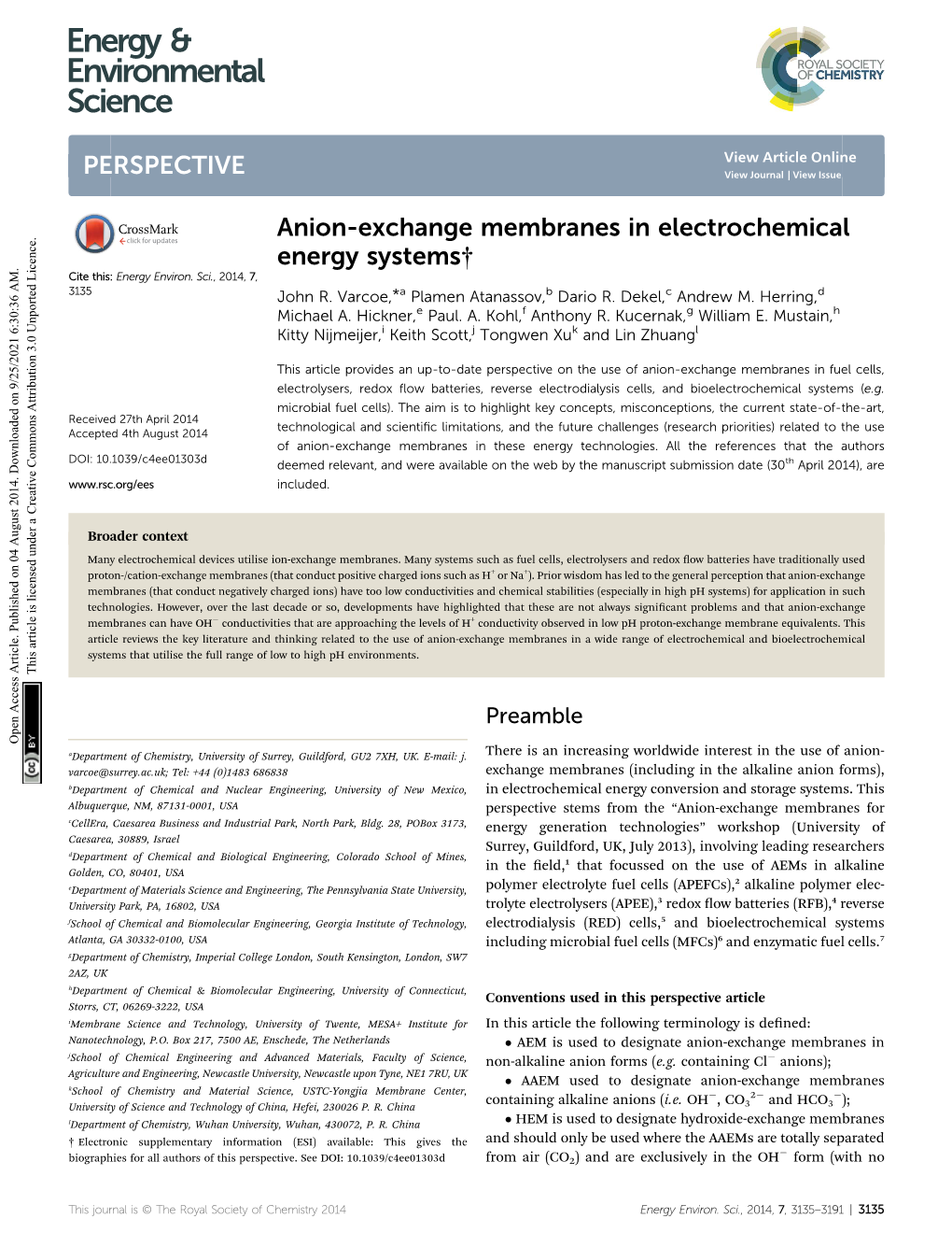 Anion-Exchange Membranes in Electrochemical Energy Systems† Cite This: Energy Environ