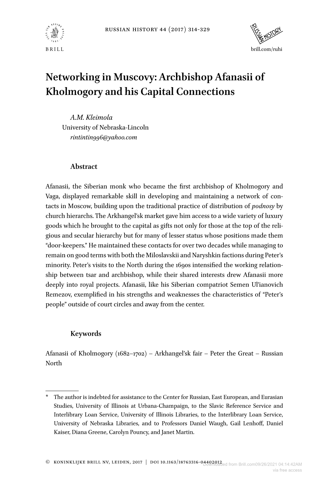 Archbishop Afanasii of Kholmogory and His Capital Connections