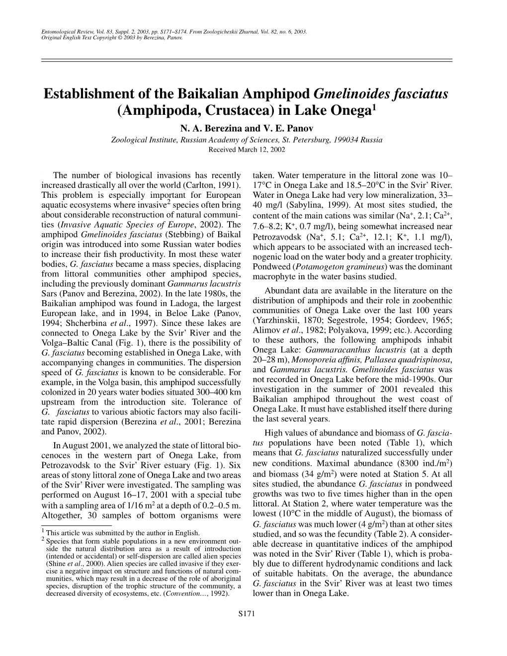 Establishment of the Baikalian Amphipod Gmelinoides Fasciatus (Amphipoda, Crustacea) in Lake Onega1 N