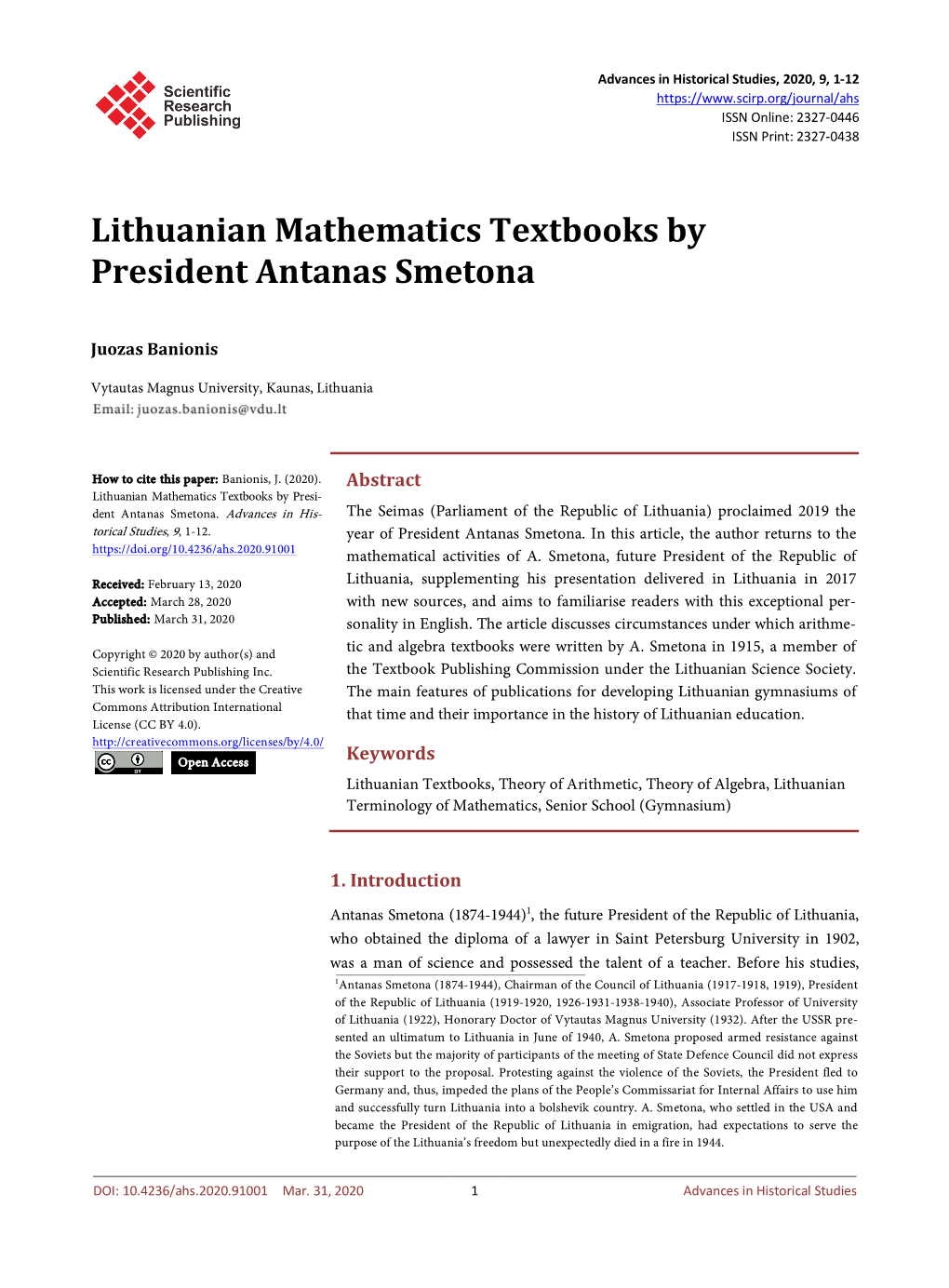 Lithuanian Mathematics Textbooks by President Antanas Smetona