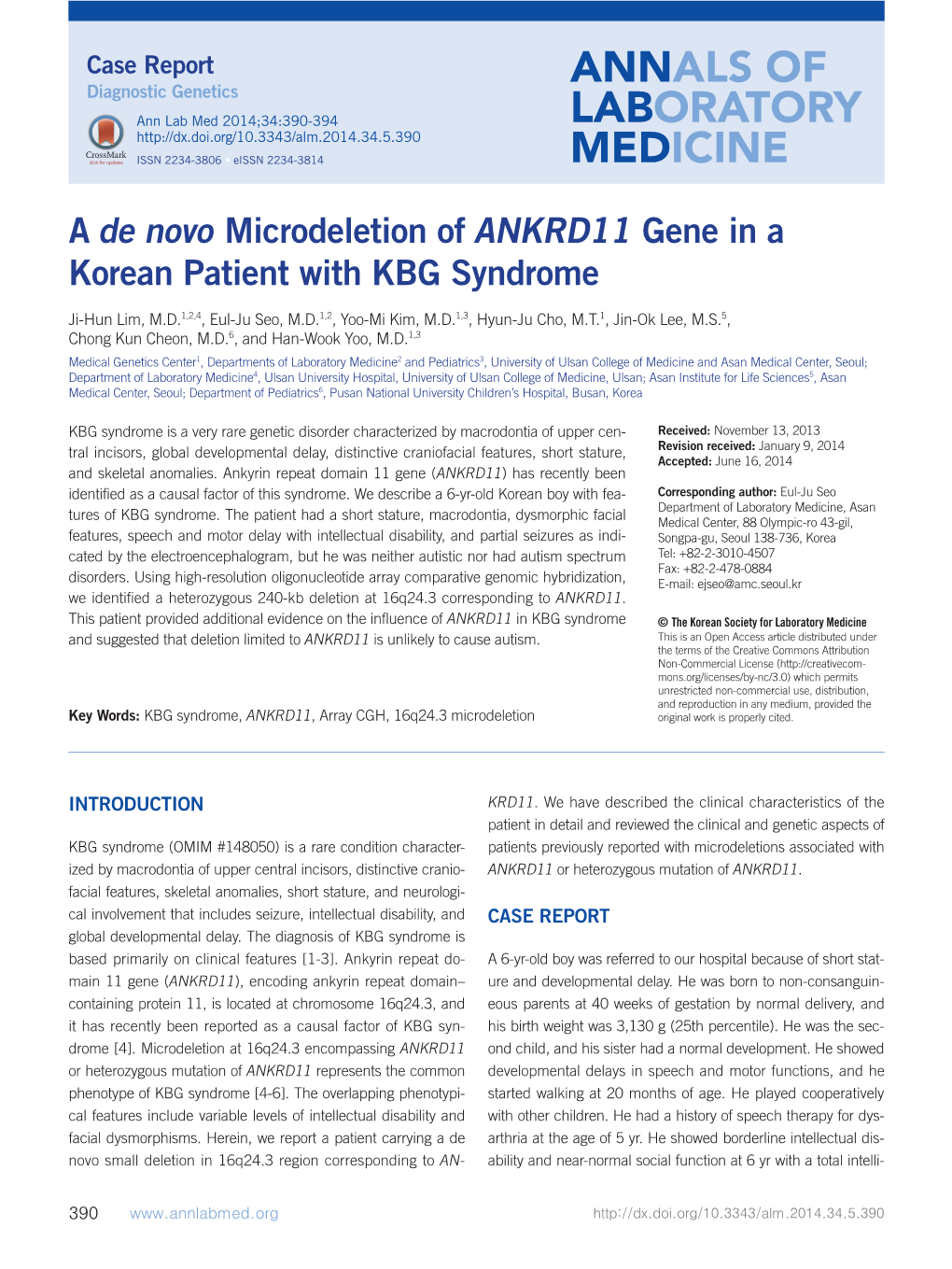 A De Novo Microdeletion of ANKRD11 Gene in a Korean Patient with KBG Syndrome