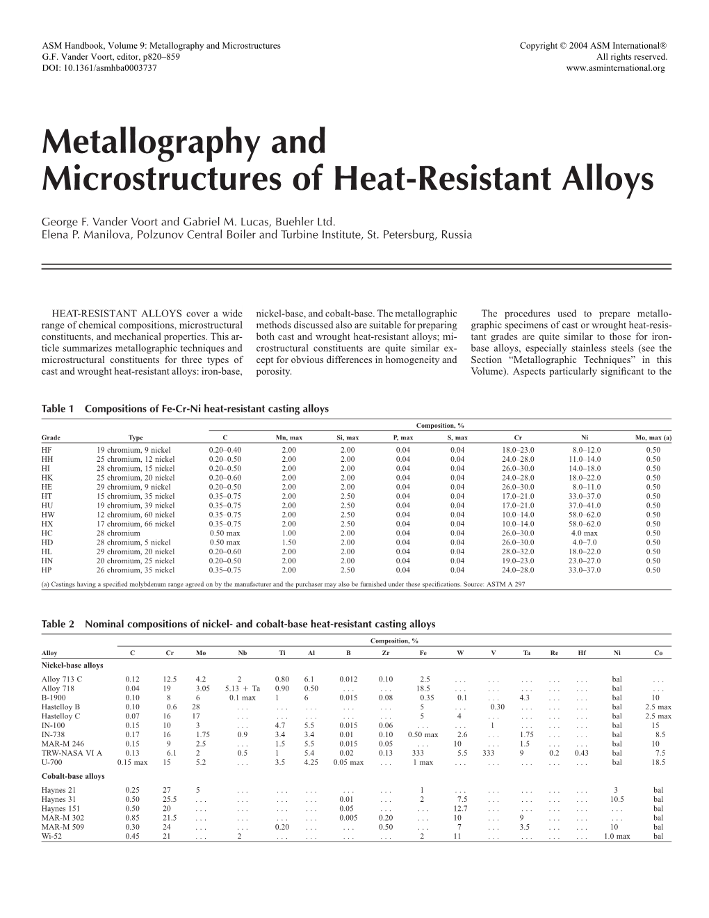 Metallography and Microstructures of Heat-Resistant Alloys