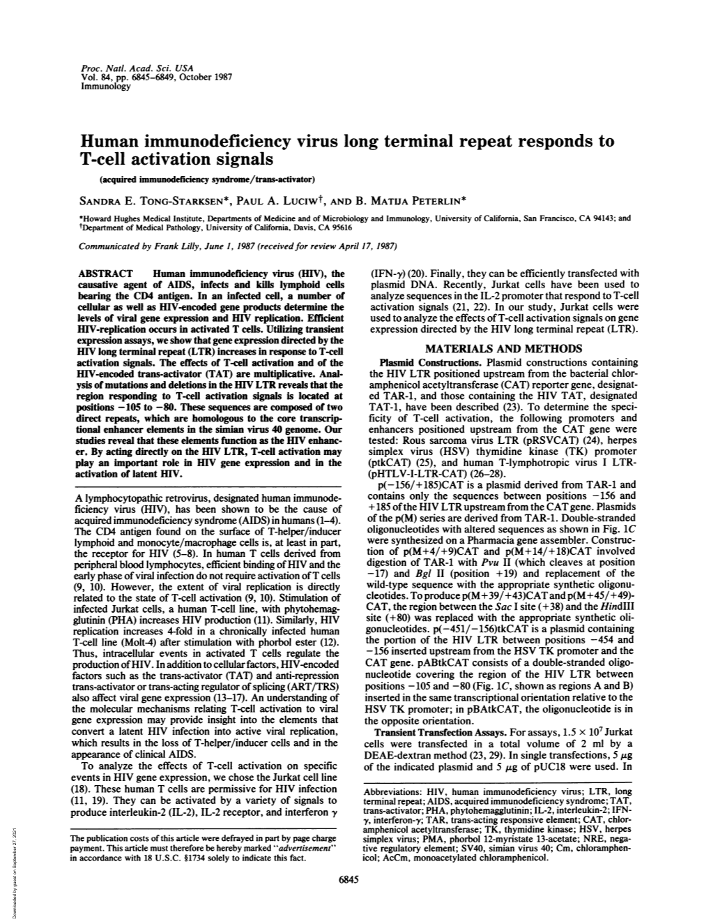 T-Cell Activation Signals (Acquired Inmunodeficiency Syndrome/Trans-Activator) SANDRA E