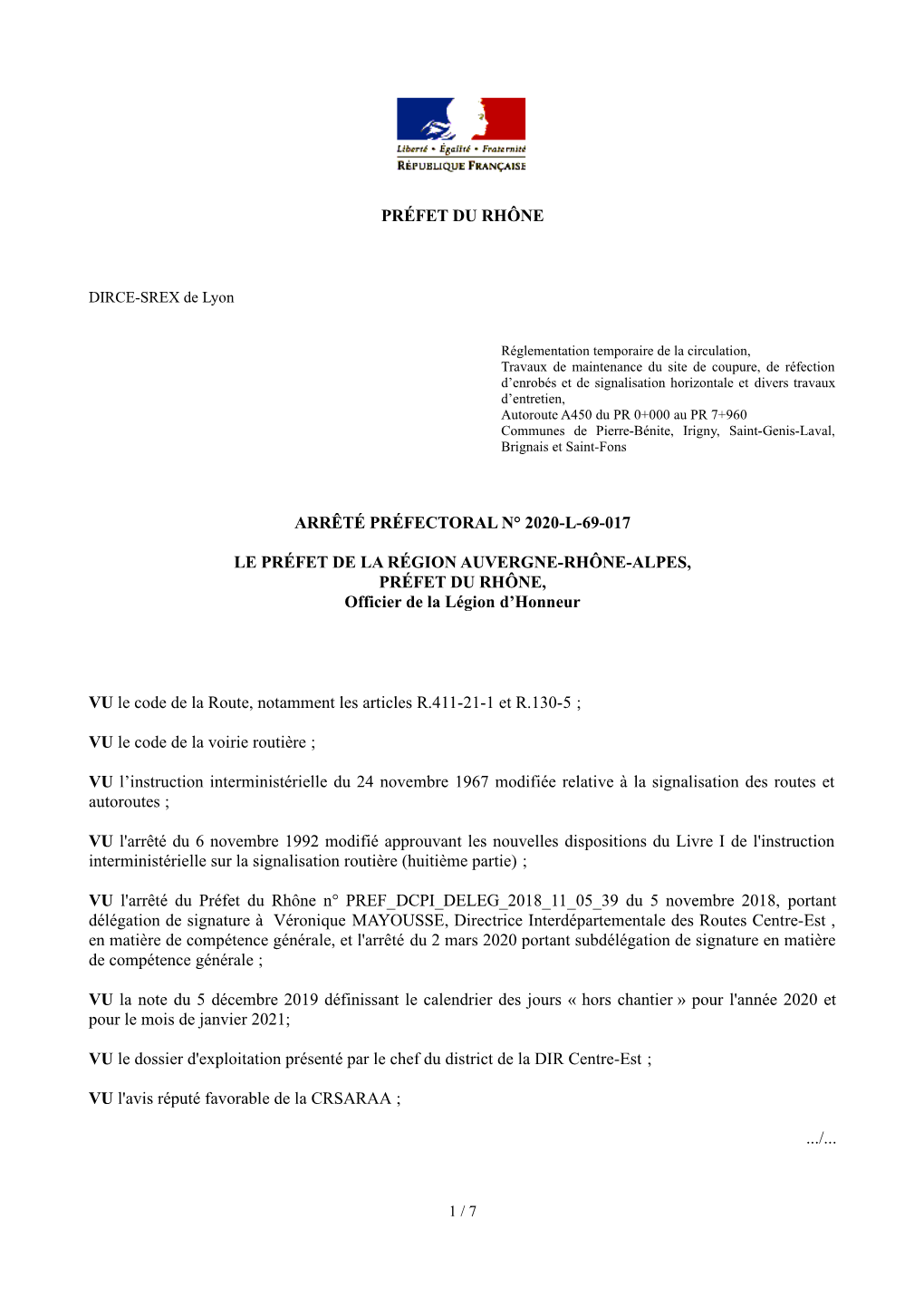 Préfet Du Rhône Arrêté Préfectoral N° 2020-L-69-017