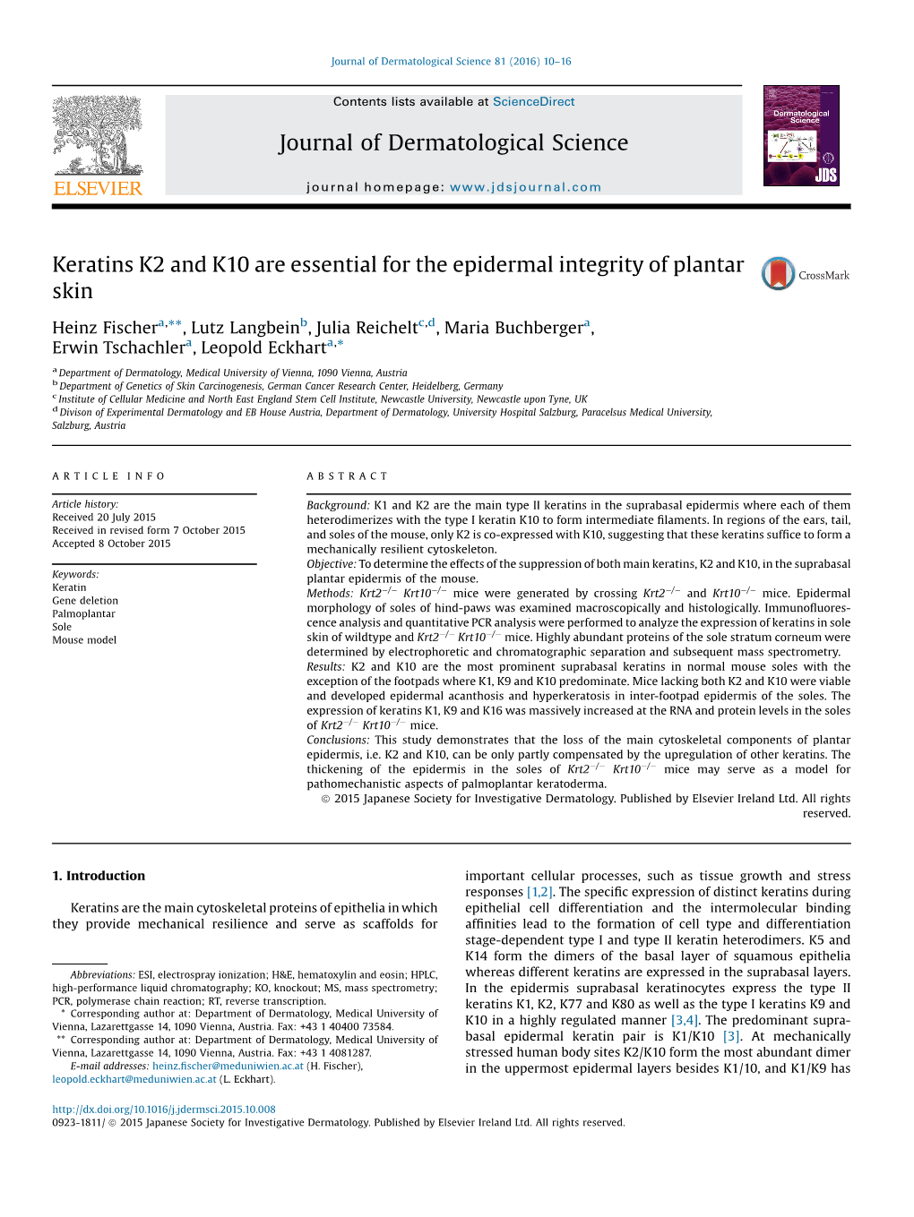 Keratins K2 and K10 Are Essential for the Epidermal Integrity of Plantar Skin