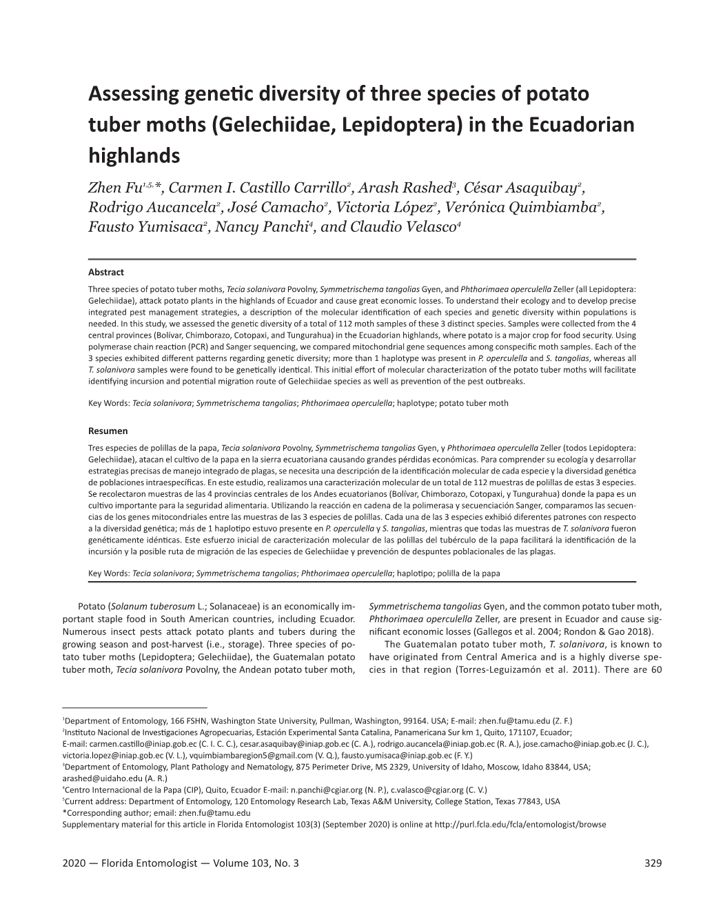 Assessing Genetic Diversity of Three Species of Potato Tuber Moths (Gelechiidae, Lepidoptera) in the Ecuadorian Highlands