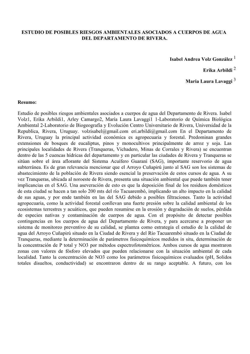 Estudio De Posibles Riesgos Ambientales Asociados a Cuerpos De Agua Del Departamento De Rivera
