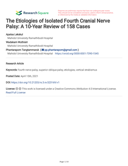 The Etiologies of Isolated Fourth Cranial Nerve Palsy: a 10-Year Review of 158 Cases