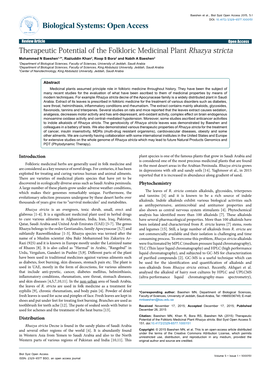 Therapeutic Potential of the Folkloric Medicinal Plant Rhazya Stricta