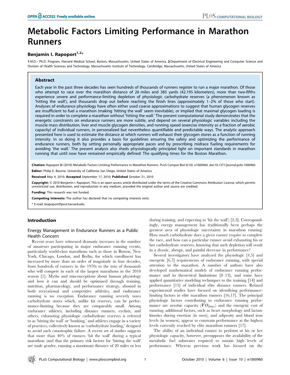 Metabolic Factors Limiting Performance in Marathon Runners