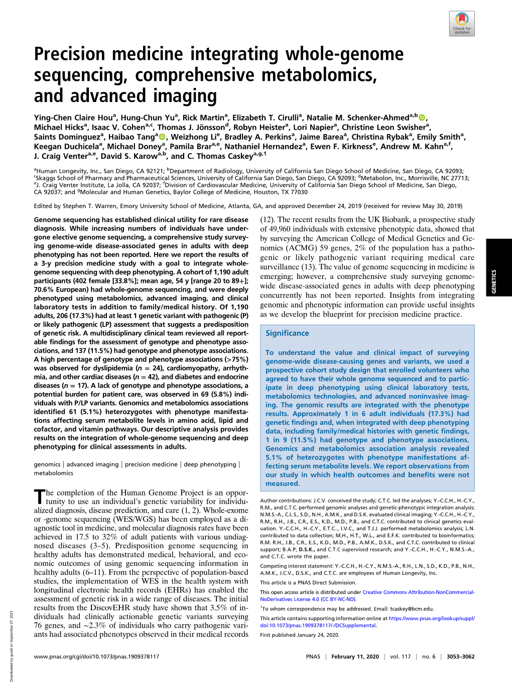 Precision Medicine Integrating Whole-Genome Sequencing, Comprehensive Metabolomics, and Advanced Imaging