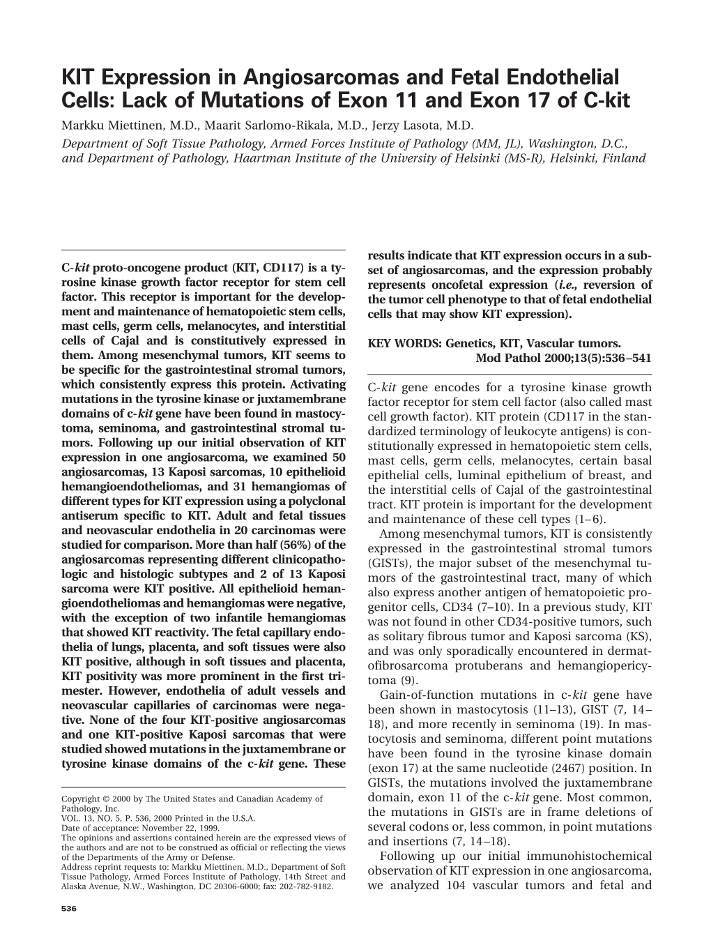 KIT Expression in Angiosarcomas and Fetal Endothelial Cells