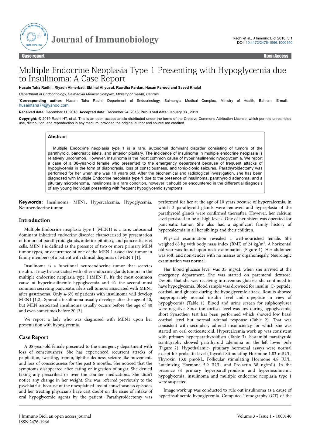 Multiple Endocrine Neoplasia Type 1 Presenting with Hypoglycemia Due to Insulinoma: a Case Report