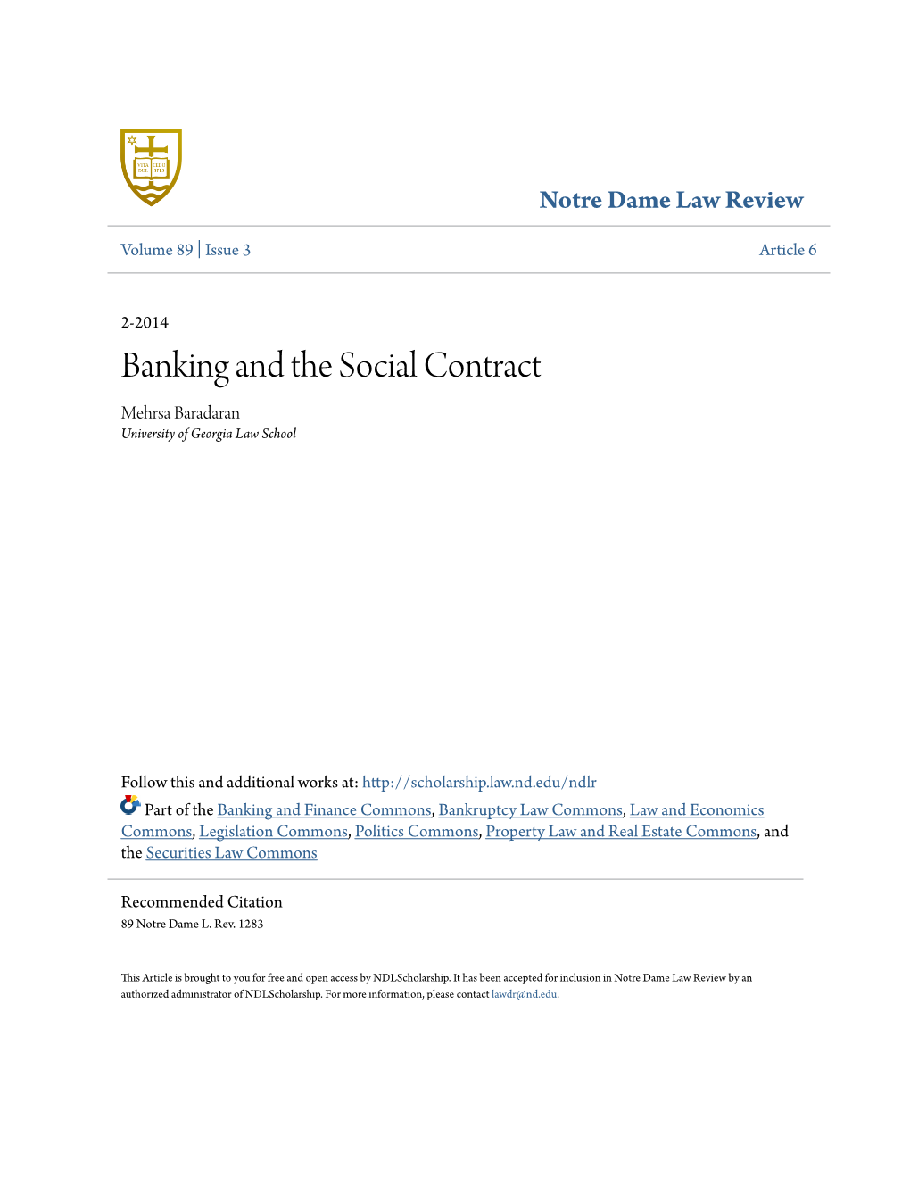 Banking and the Social Contract Mehrsa Baradaran University of Georgia Law School