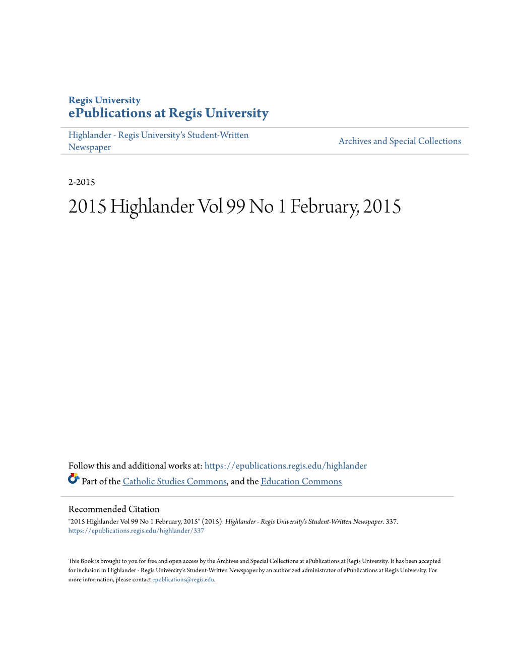 2015 Highlander Vol 99 No 1 February, 2015