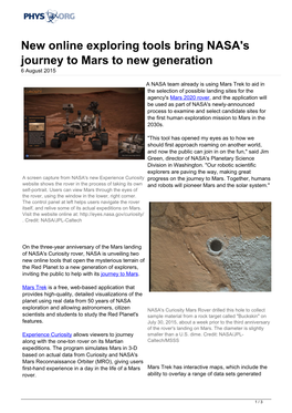 New Online Exploring Tools Bring NASA's Journey to Mars to New Generation 6 August 2015