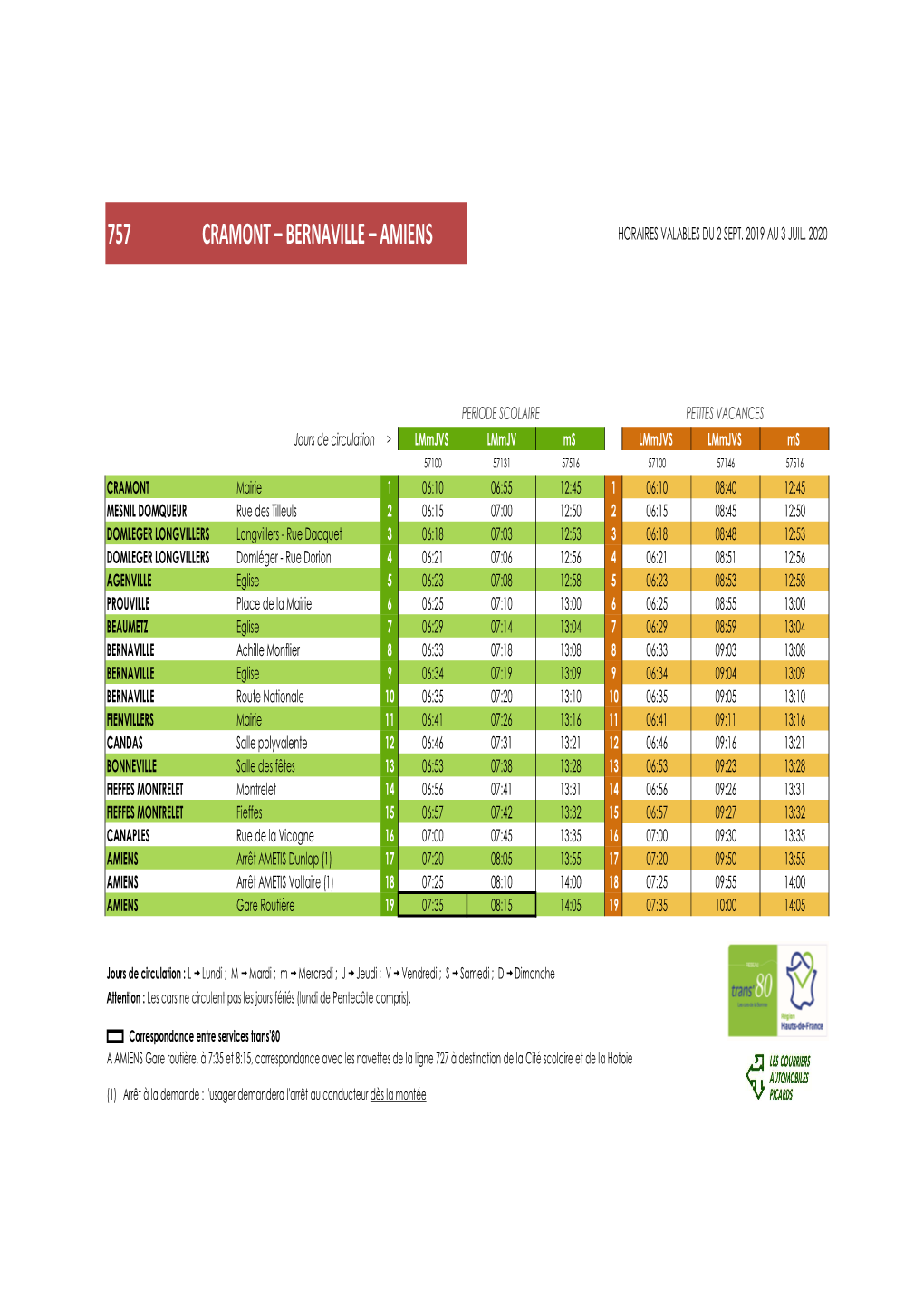 757 Cramont – Bernaville – Amiens Horaires Valables Du 2 Sept