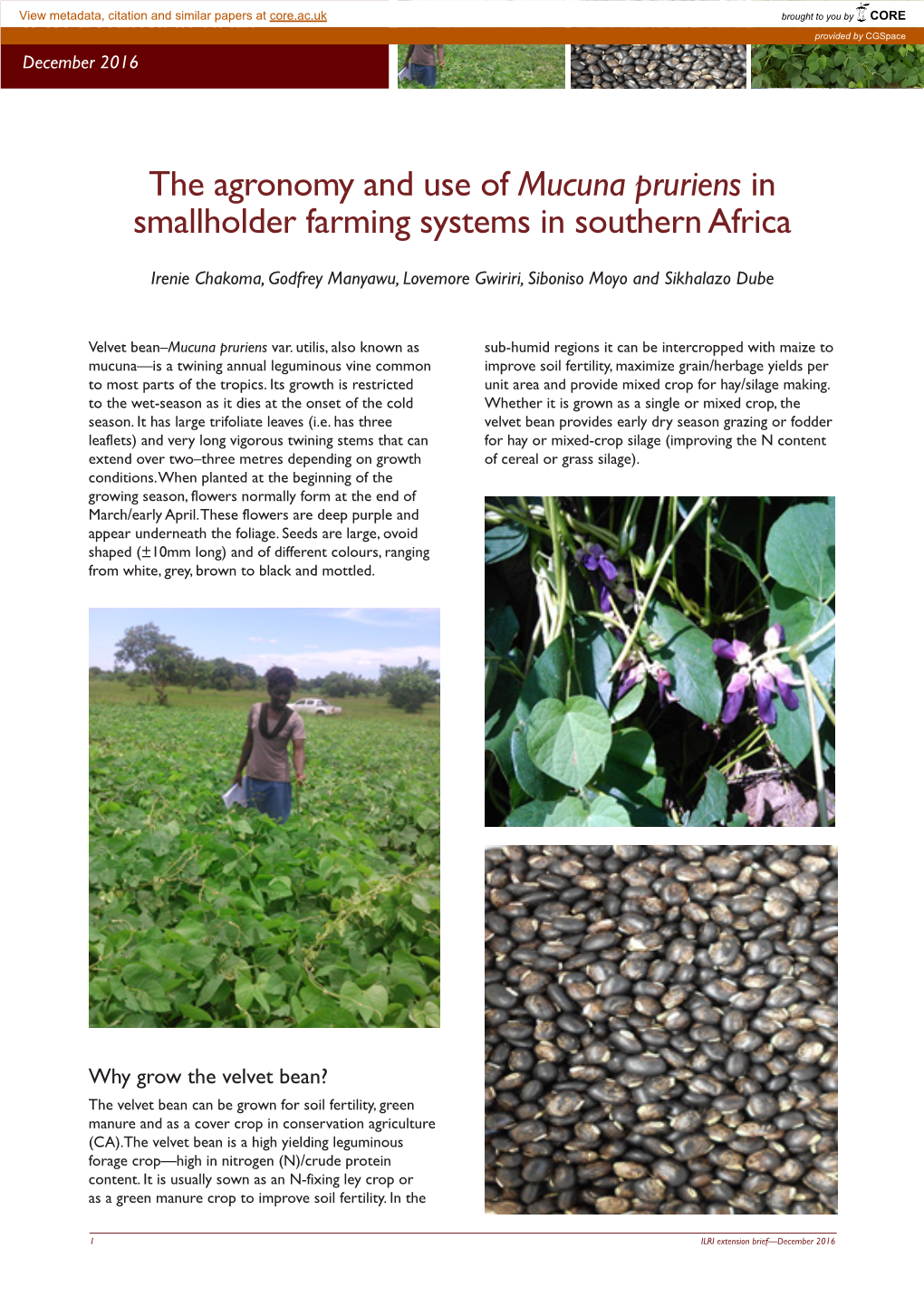 Mucuna Pruriens in Smallholder Farming Systems in Southern Africa