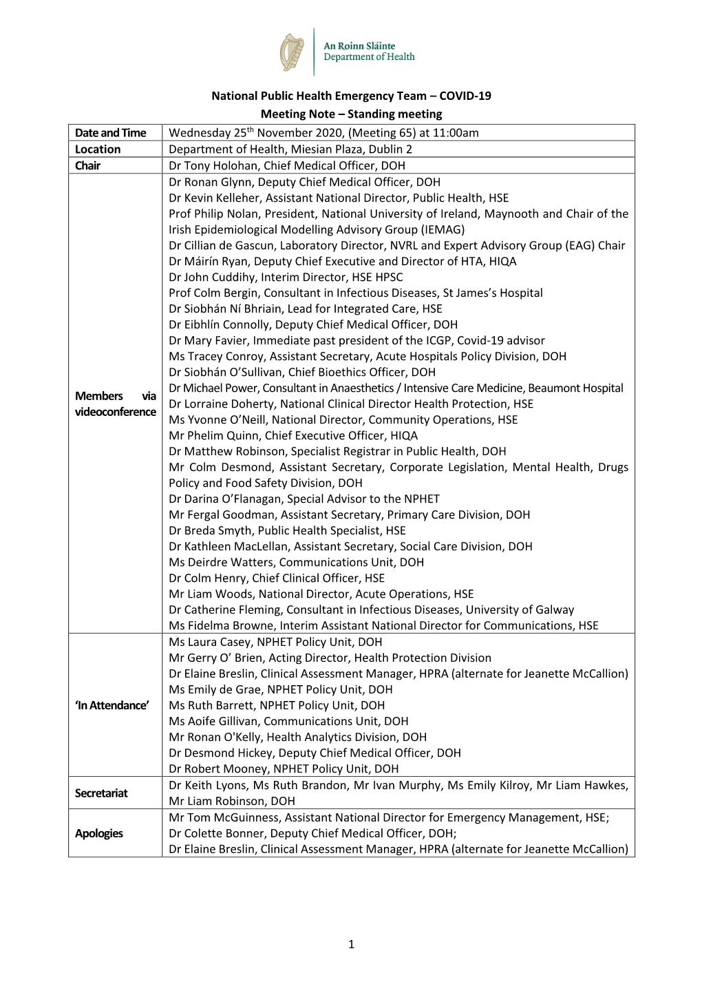 1 National Public Health Emergency Team – COVID-19 Meeting Note