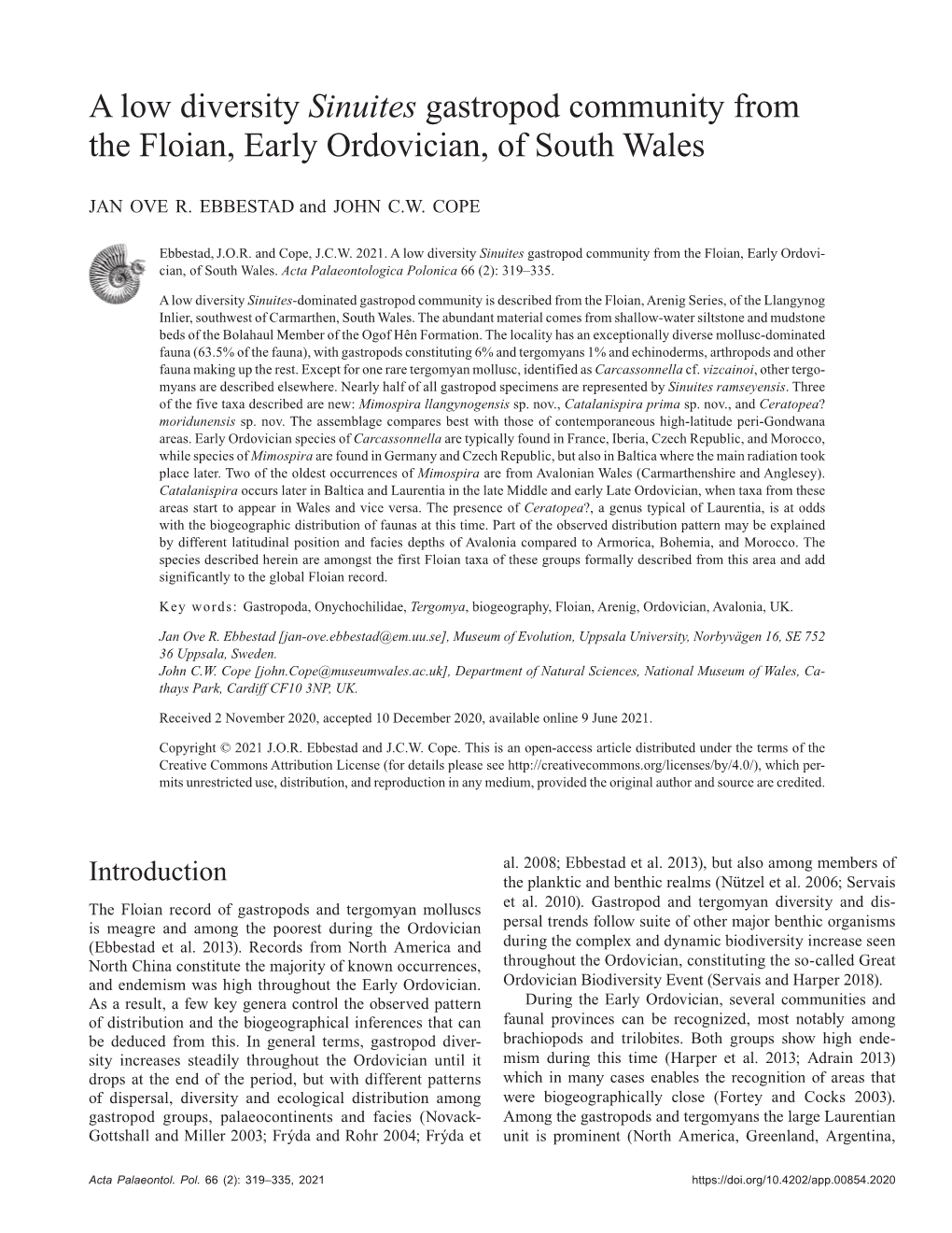 A Low Diversity Sinuites Gastropod Community from the Floian, Early Ordovician, of South Wales