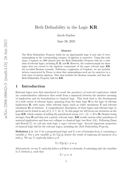 Arxiv:2006.00642V3 [Math.LO] 26 Jun 2021 Beth Definability in the Logic KR