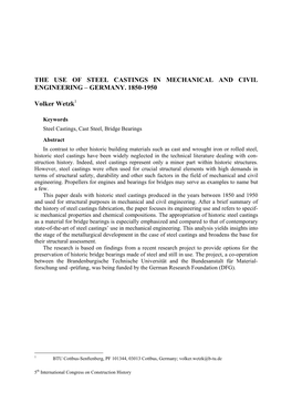 The Use of Steel Castings in Mechanical and Civil Engineering – Germany