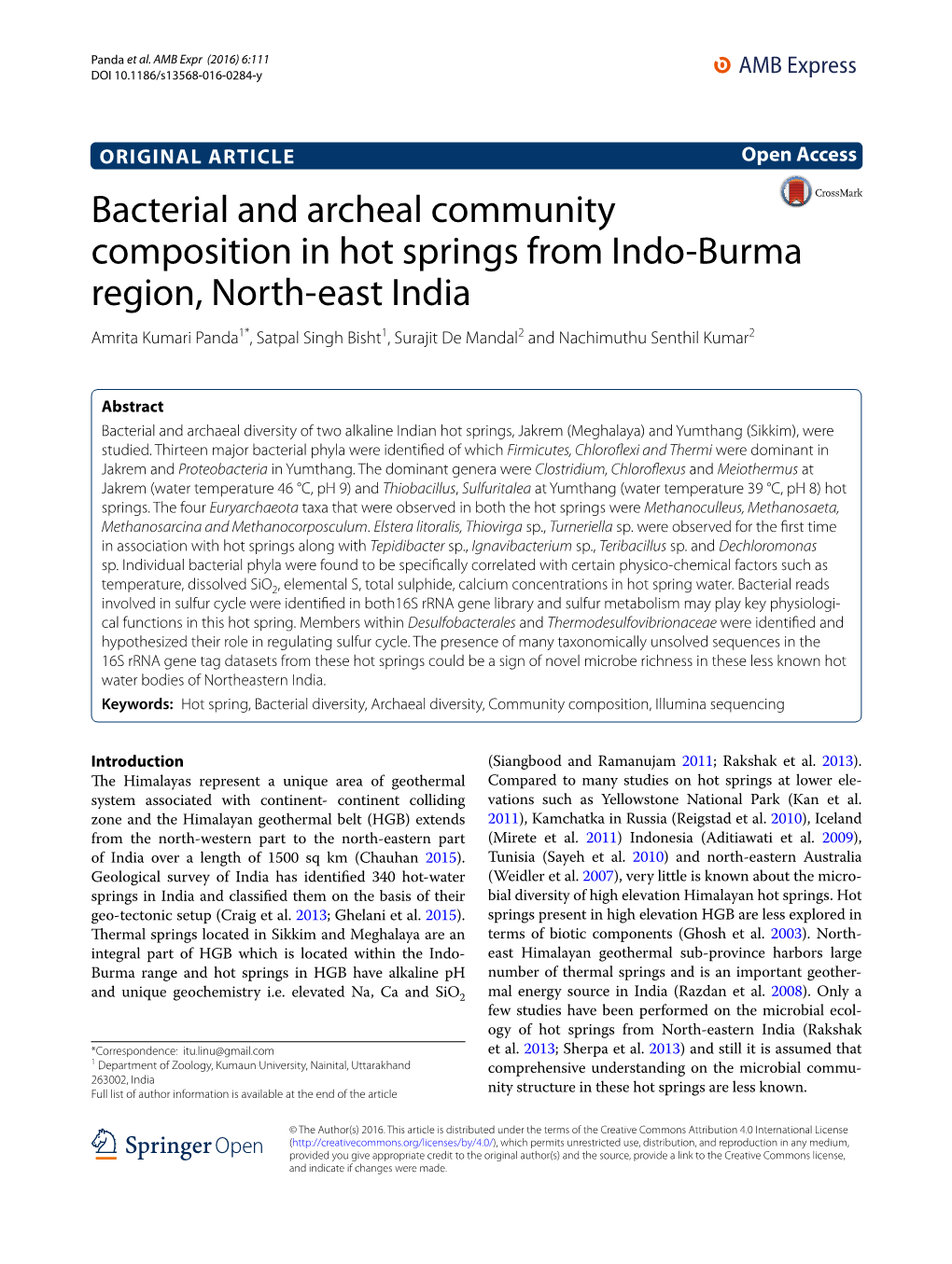 Bacterial and Archeal Community Composition in Hot Springs from Indo-Burma Region, North-East India