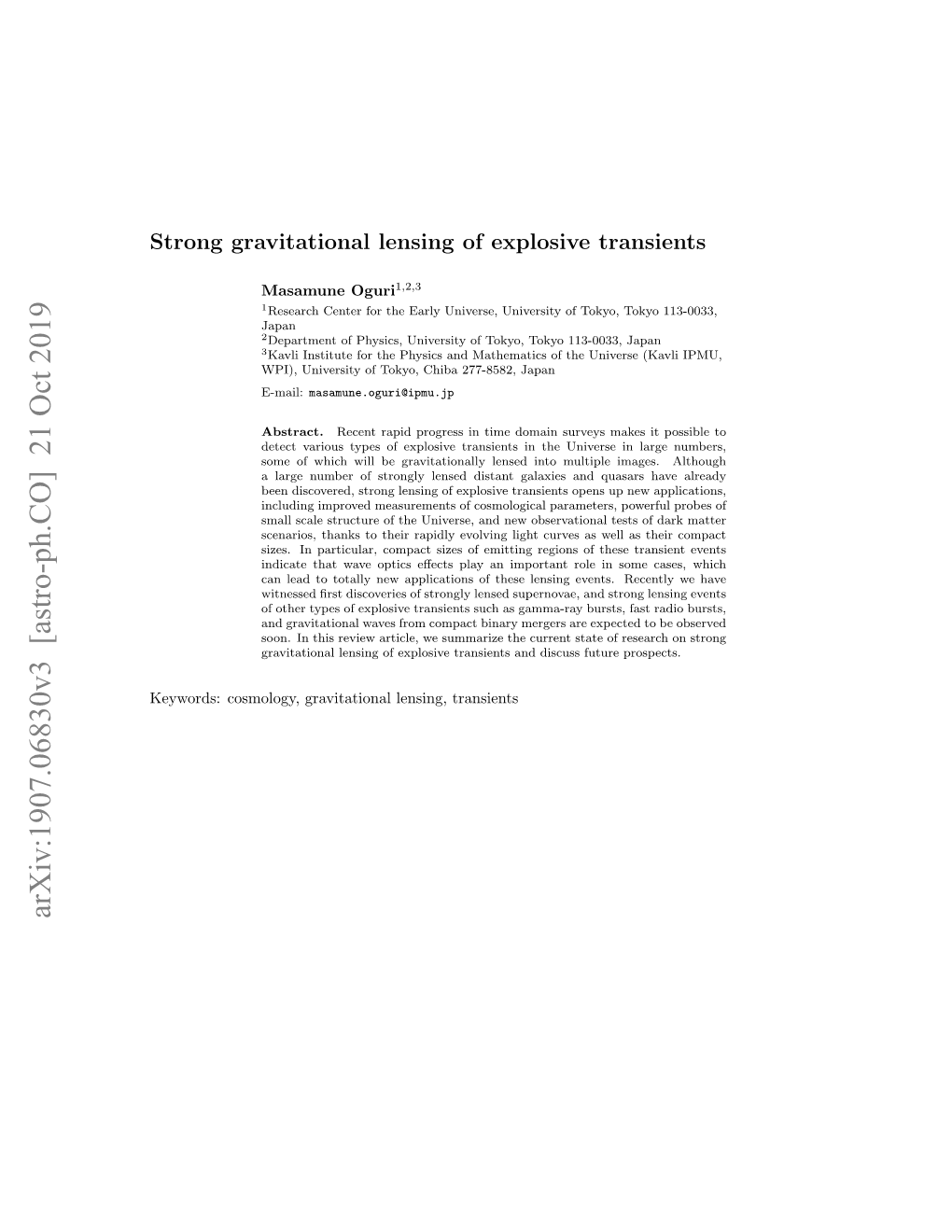 Arxiv:1907.06830V3 [Astro-Ph.CO] 21 Oct 2019 Strong Lensing of Explosive Transients 2