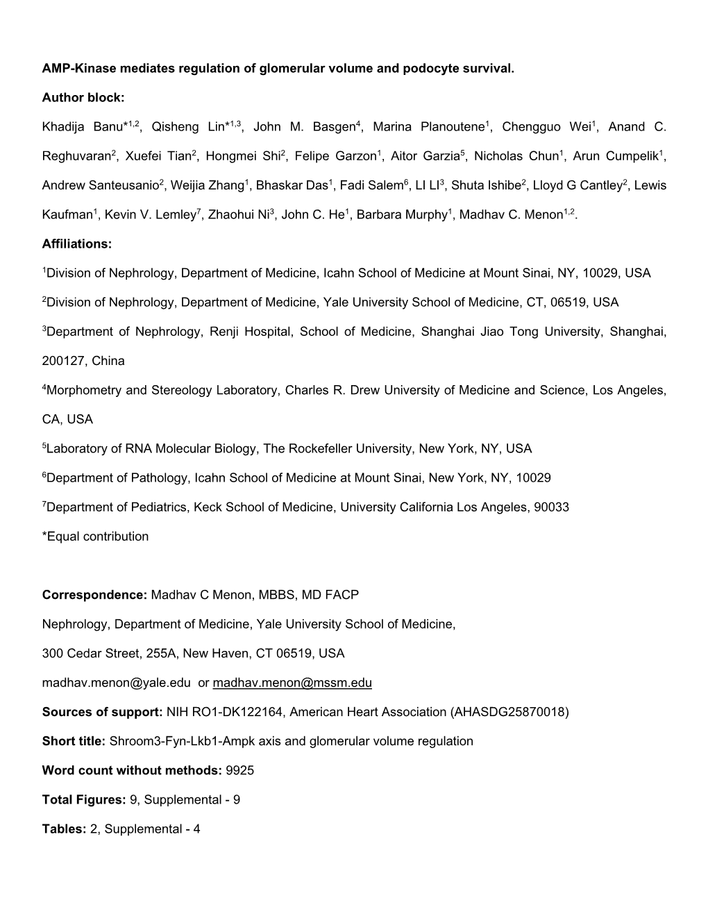 AMP-Kinase Mediates Regulation of Glomerular Volume and Podocyte Survival. Author Block