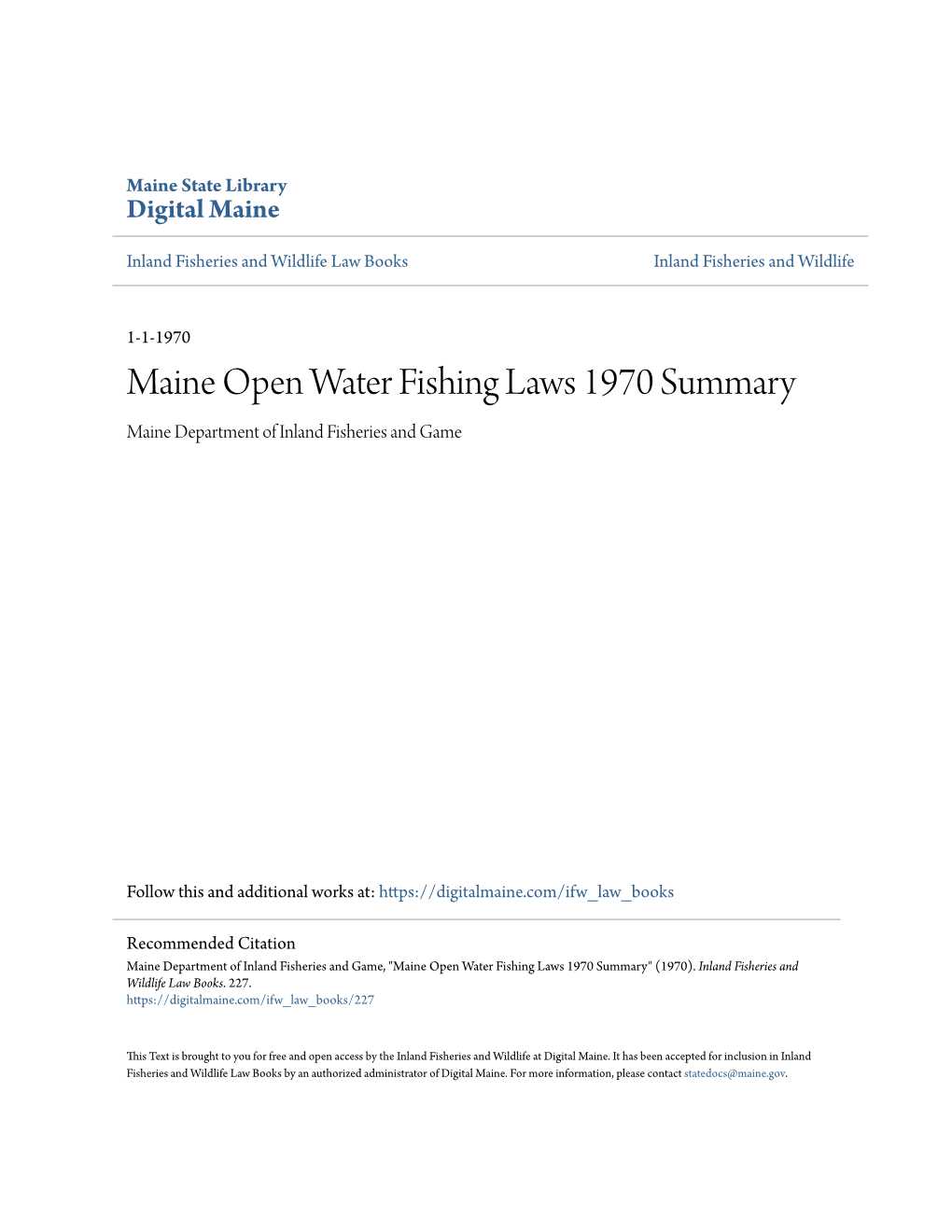 Maine Open Water Fishing Laws 1970 Summary Maine Department of Inland