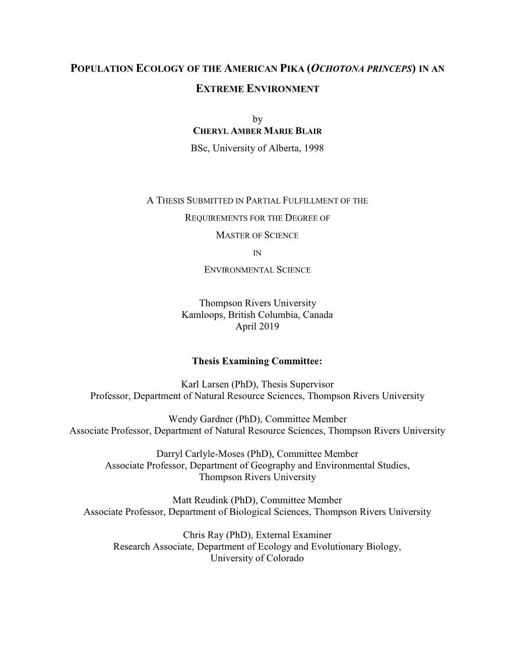 Population Ecology of the American Pika (Ochotona Princeps) in An