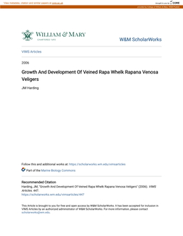 Growth and Development of Veined Rapa Whelk Rapana Venosa Veligers