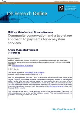 Community Conservation and a Two-Stage Approach to Payments for Ecosystem Services