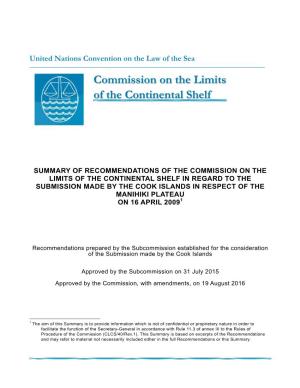 Commission on the Limits of the Continental Shelf in Regard to the Submission Made by the Cook Islands in Respect of the Manihiki Plateau on 16 April 20091