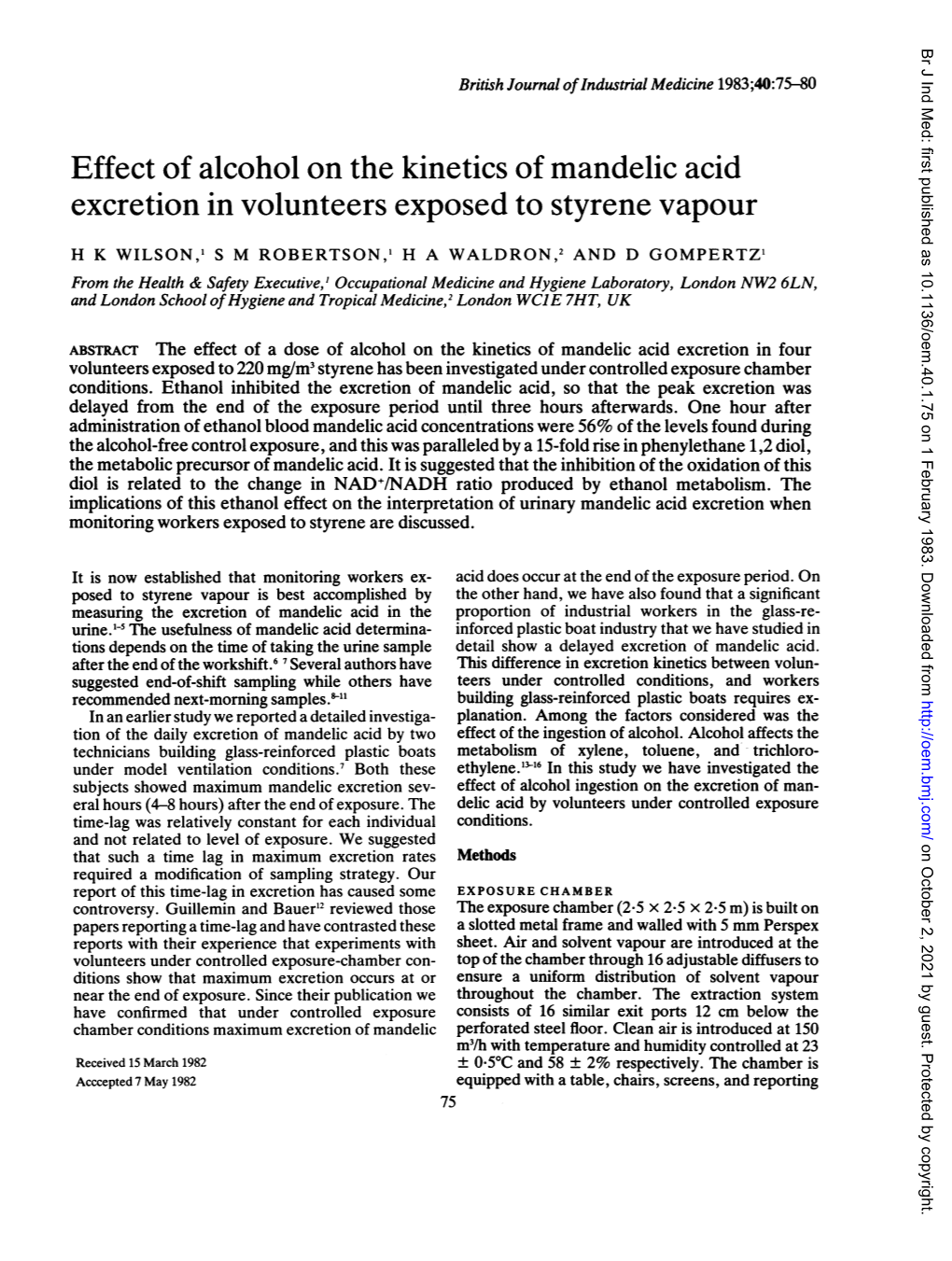 Effect of Alcohol on the Kinetics of Mandelic Acid Excretion in Volunteers Exposed to Styrene Vapour