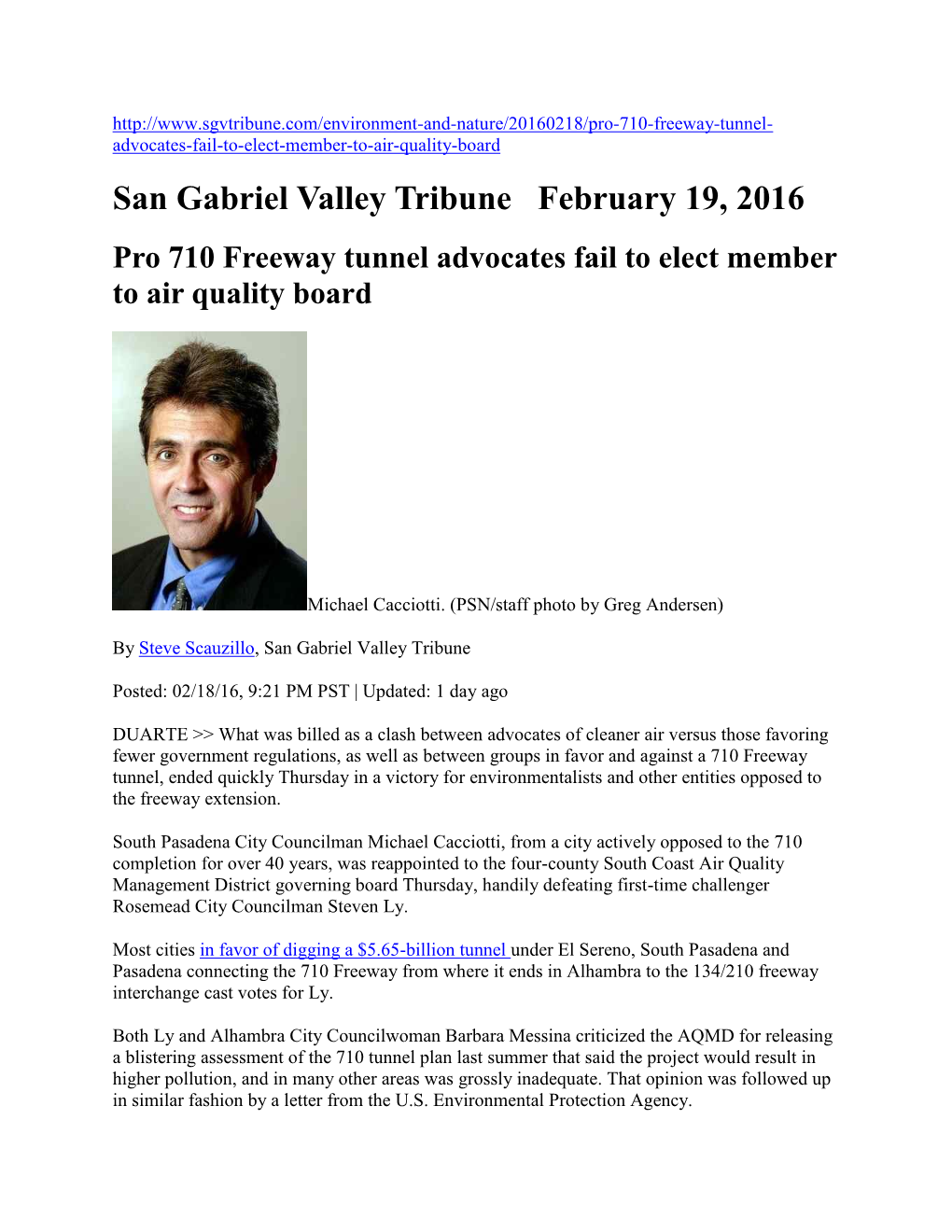 San Gabriel Valley Tribune February 19, 2016 Pro 710 Freeway Tunnel Advocates Fail to Elect Member to Air Quality Board