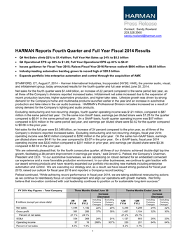 HARMAN Reports Fourth Quarter and Full Year Fiscal 2014 Results